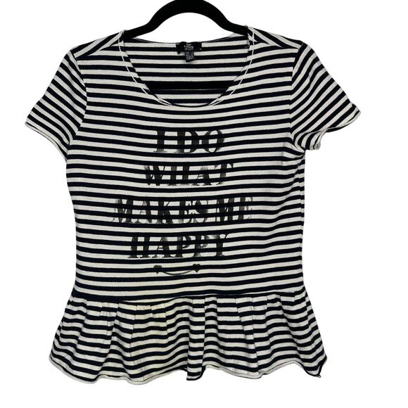 MNG Mango Black White Stripe I Do What Makes Me Happy Short Sleeve Ruffle Tee SM - Picture 1 of 9